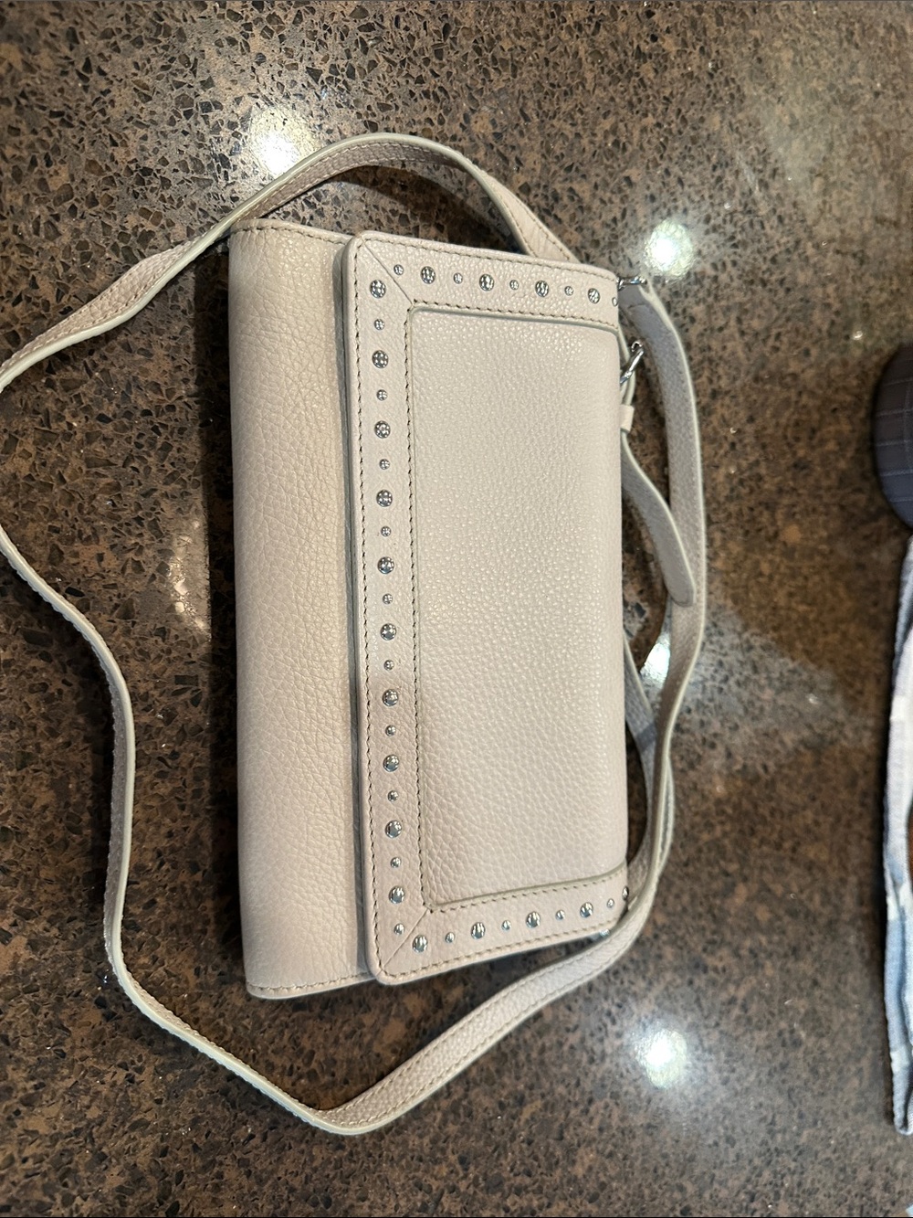 White House Black Market Cream Pebbled Leather Crossbody with Stud Trim
